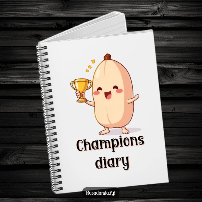 Funny macadamia nut notebook cover featuring a triumphant character holding a tiny trophy, perfect for documenting wins.