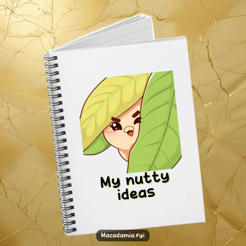 Funny Macadamia Nut Notebook featuring a secretive nut peeking from behind a leaf with a mischievous wink.