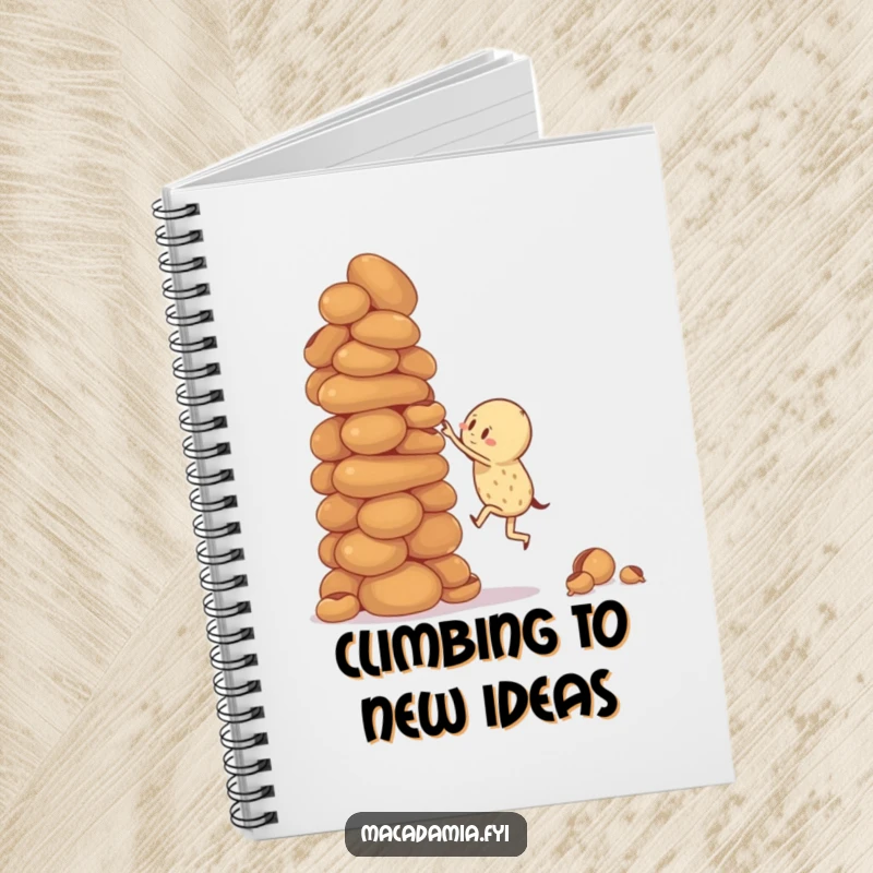 Funny notebook cover with a macadamia nut character attempting to climb a giant, wobbly stack of macadamia nuts, for journaling.