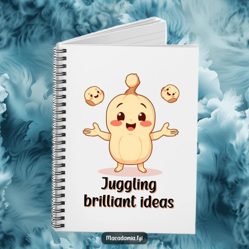 Funny notebook cover with a macadamia nut character happily juggling three tiny, smiling macadamia nuts, for journaling.