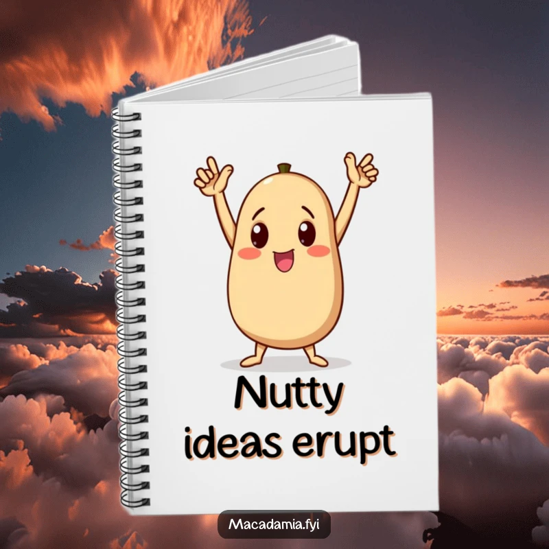 Funny macadamia nut character doing a triumphant dance on a notebook, arms raised high, perfect for capturing ideas, a fun funny gift.