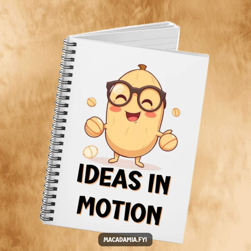 Funny notebook with a smiling macadamia nut in glasses, gleefully juggling smaller nuts, ideal for jotting down smart thoughts.