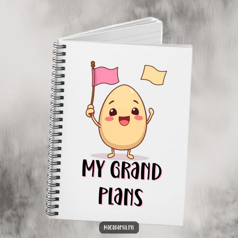Funny notebook with a macadamia nut character excitedly waving a tiny flag with a funny face, inspiring celebratory note-taking.