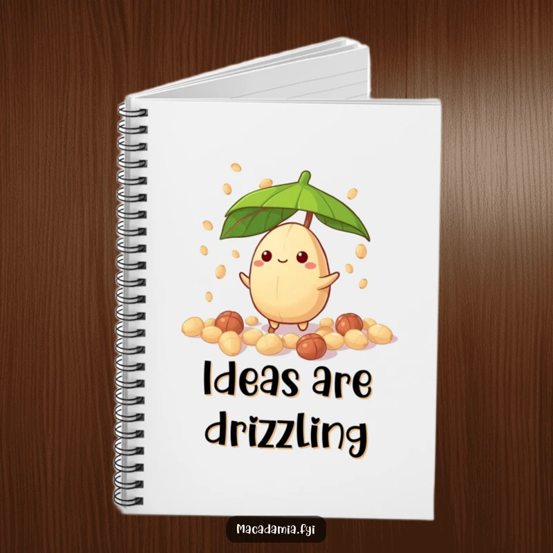Funny macadamia nut character with umbrella, in a candy nut drizzle, usable notebook for a funny gift.