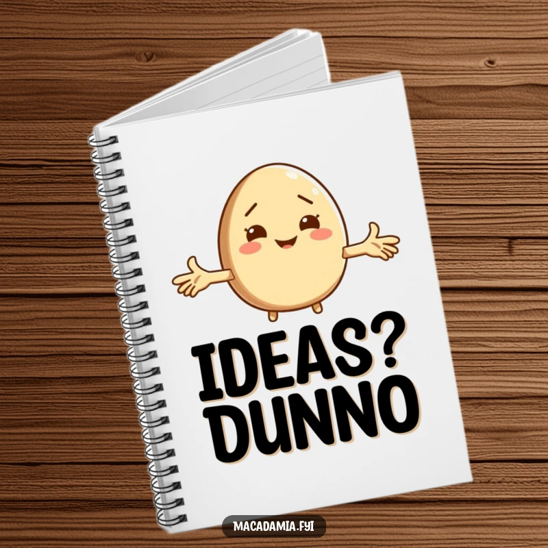 Funny macadamia nut character shrugging on a notebook cover, encouraging humorous note-taking and idea generation.