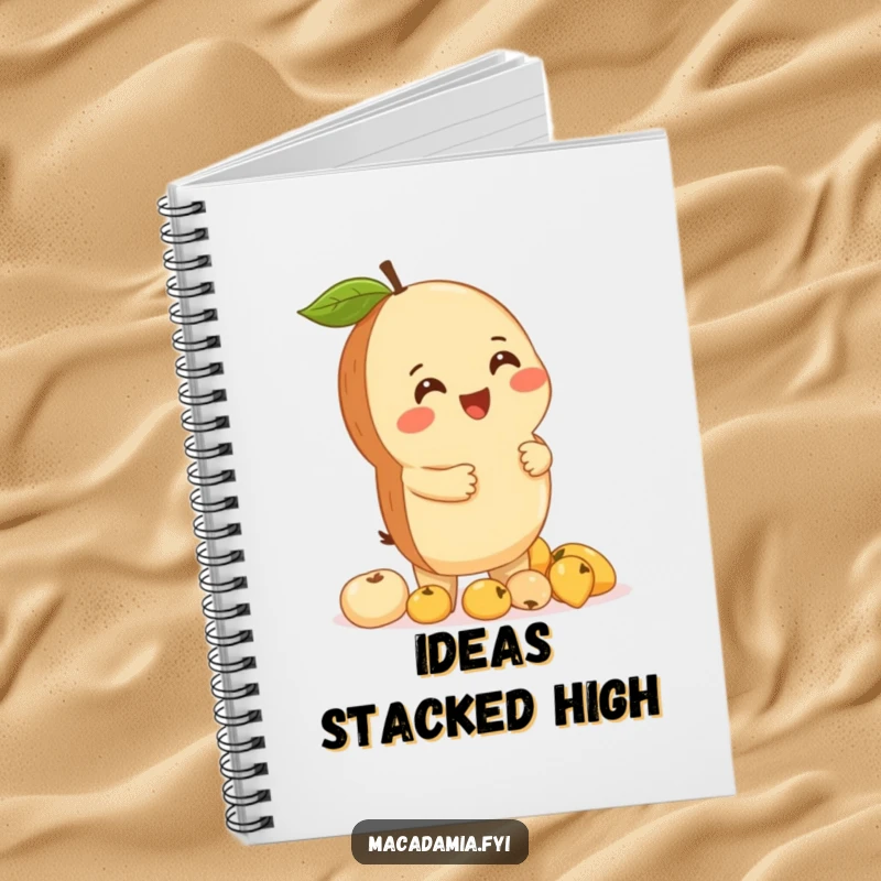 Funny macadamia nut character giggling while balancing a stack of tiny fruits, adorning a notebook for cheerful writing.