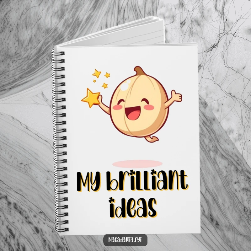 A funny macadamia nut joyfully jumps with a starburst on a notebook, for bright ideas.