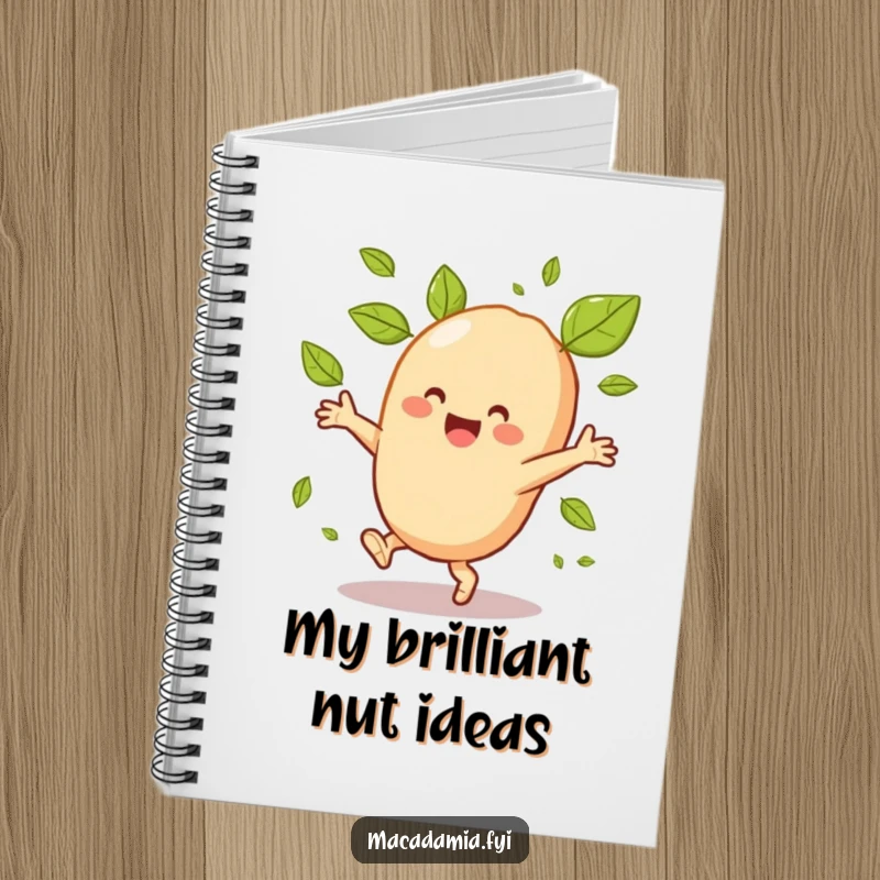 Funny macadamia nut character doing a cartwheel with spinning leaves on the cover of a stylish notebook.
