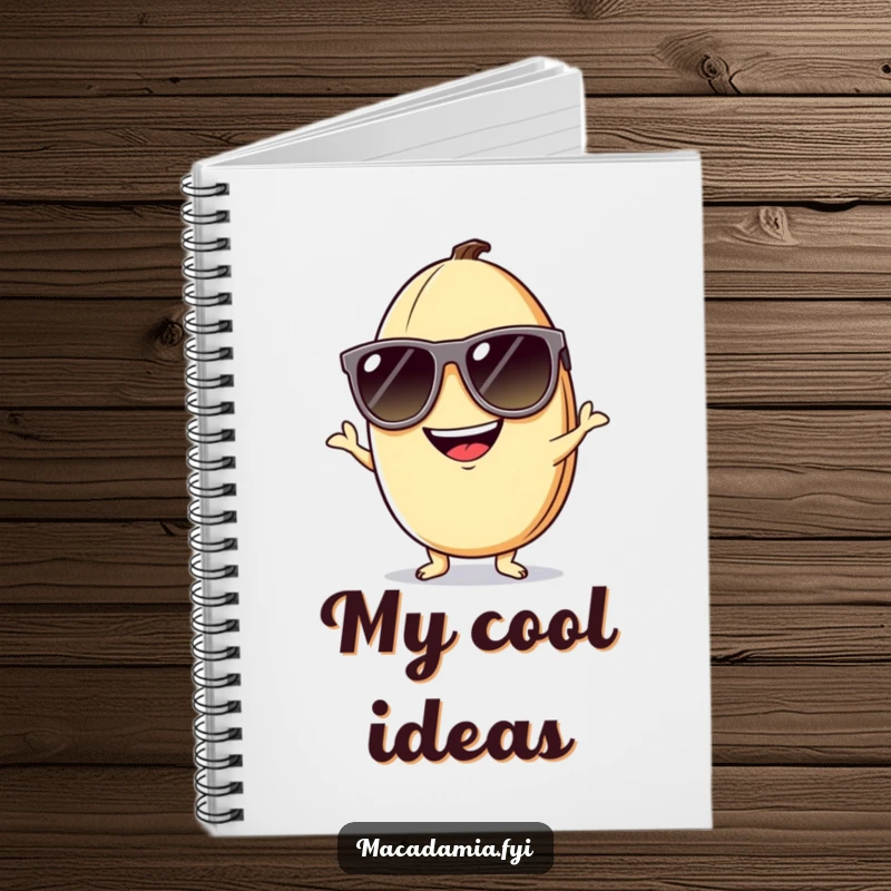 Funny macadamia nut notebook featuring a grinning nut in sunglasses, ready to record your coolest thoughts and plans.