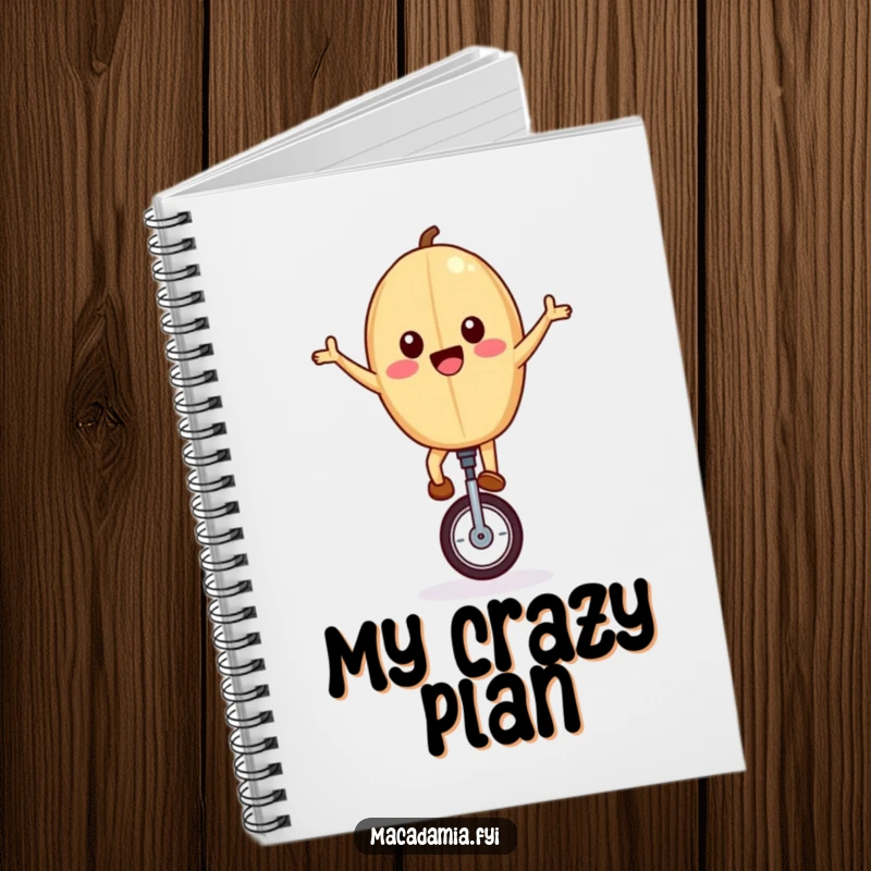 Funny notebook with a joyful macadamia nut riding a unicycle, arms outstretched, ideal for recording adventures and bold thoughts.