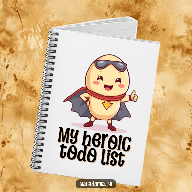 Funny Kawaii macadamia nut striking a superhero pose with a cape, perfect for a notebook cover.