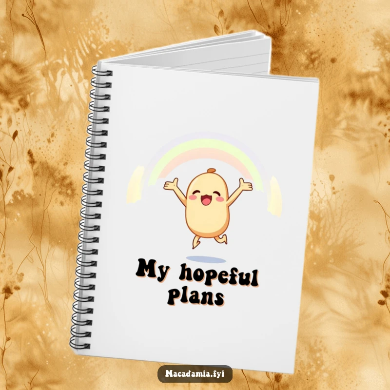 Funny macadamia nut notebook with a macadamia nut leaping joyfully towards a rainbow, ideal for notes and journaling with an optimistic theme.