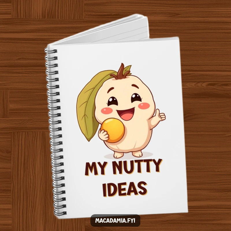 Funny notebook featuring a macadamia nut character with a triumphant grin, holding a golden macadamia nut, perfect for humorous journaling.