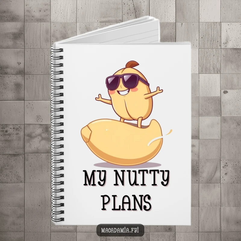 Funny Surfing Nut Notebook featuring a grinning macadamia nut in sunglasses surfing on a giant cashew nut, for cool note-taking.