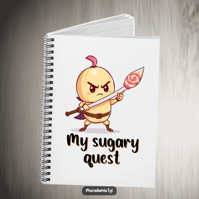Funny macadamia nut notebook featuring a determined character wielding a lollipop as a sword, ideal for brave ideas.