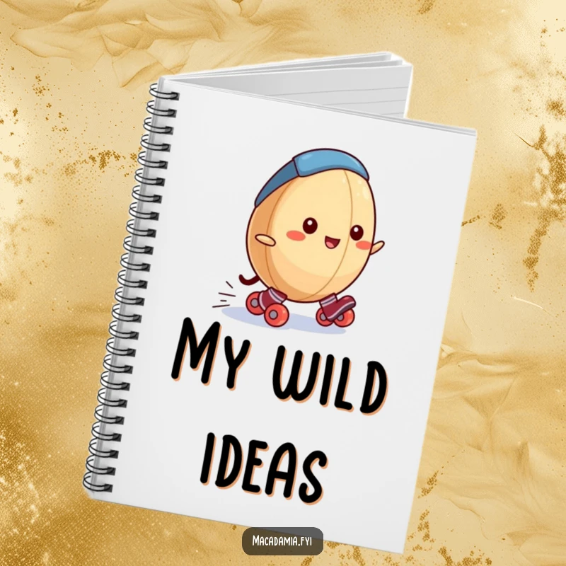 Funny macadamia nut notebook with a macadamia nut in tiny roller skates rolling downhill, ideal for notes and journaling with a humorous theme.