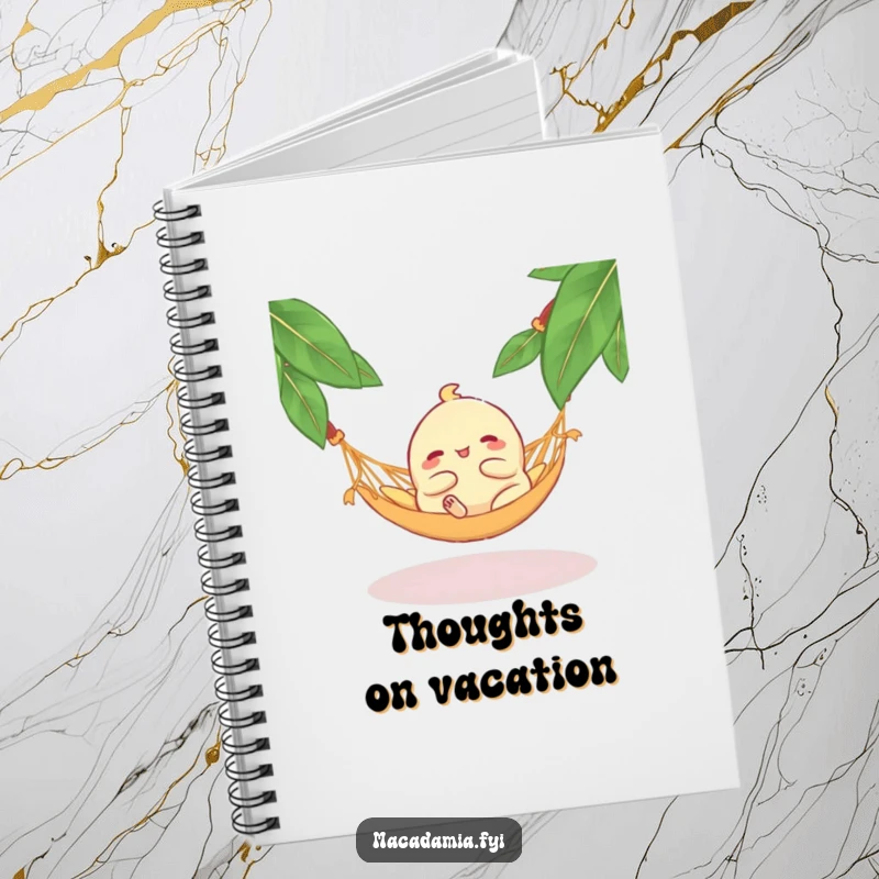 Funny Macadamia Nut Hammock Notebook: A blissful macadamia nut lounging in a hammock, perfect for jotting down notes with a humorous, relaxed flair.