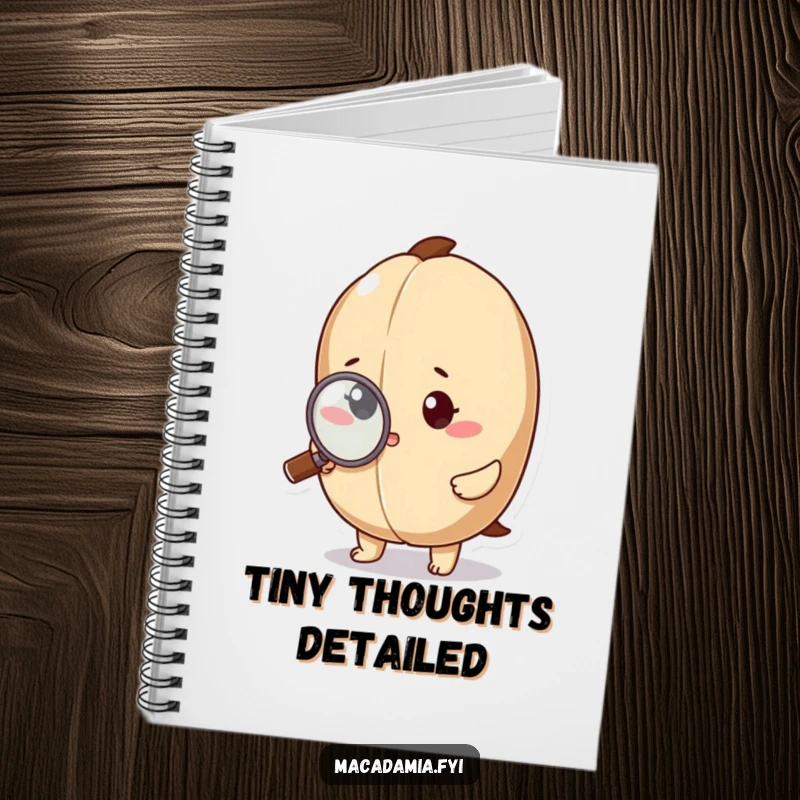 Funny macadamia nut character using a magnifying glass to examine a tiny detail on the cover of a notebook.