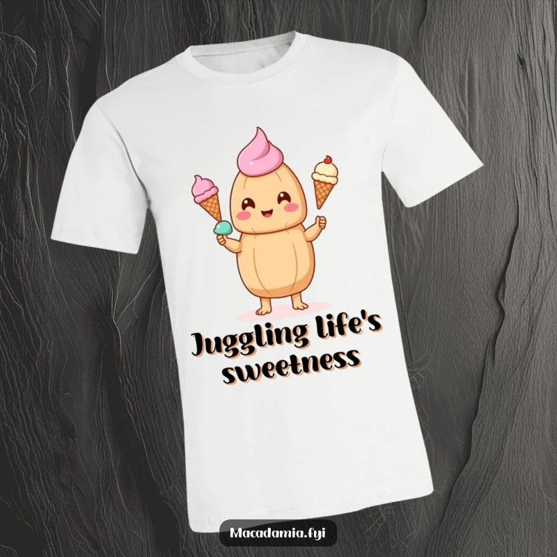 Funny kawaii macadamia nut juggling three tiny ice cream cones with a happy expression on this delightful t-shirt.