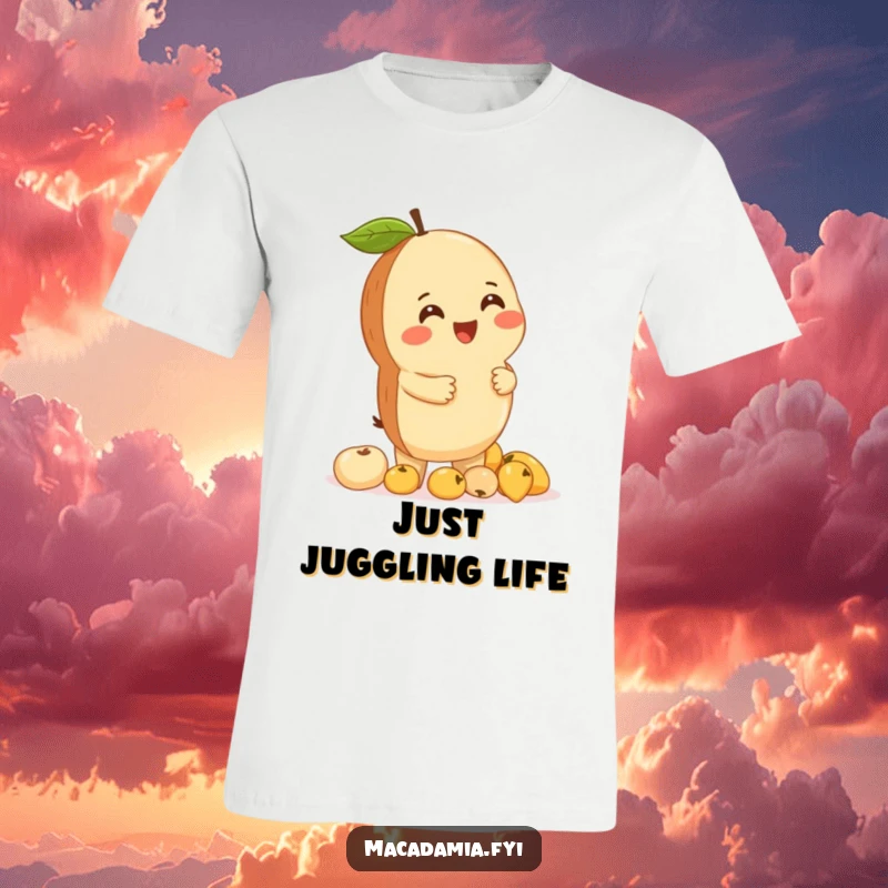 Funny macadamia nut character giggling while precariously balancing a tower of small fruits, printed on a t-shirt.