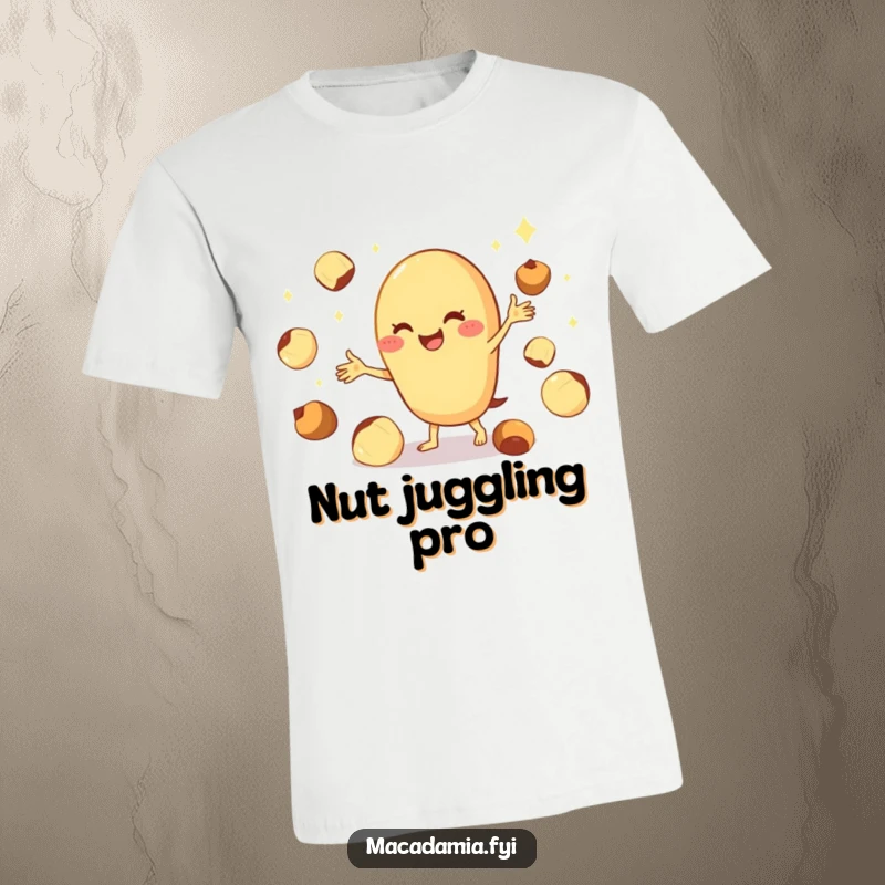 Funny macadamia nut t-shirt showing a cheerful character skillfully juggling multiple shiny nuts, full of playful energy.