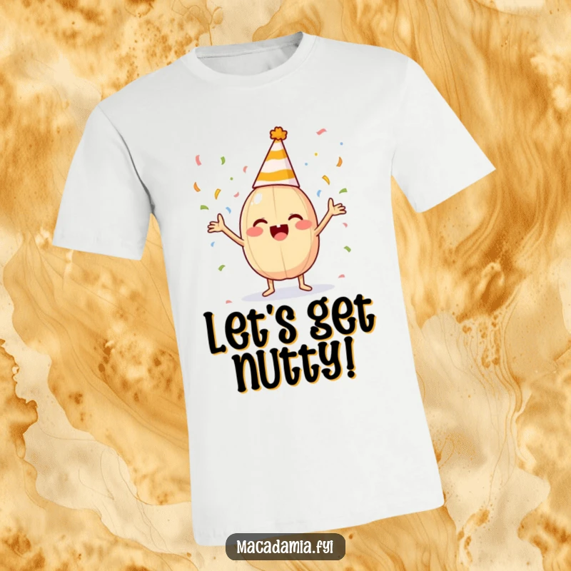 A macadamia nut in a party hat gleefully tosses confetti with its limbs on a fun t-shirt.