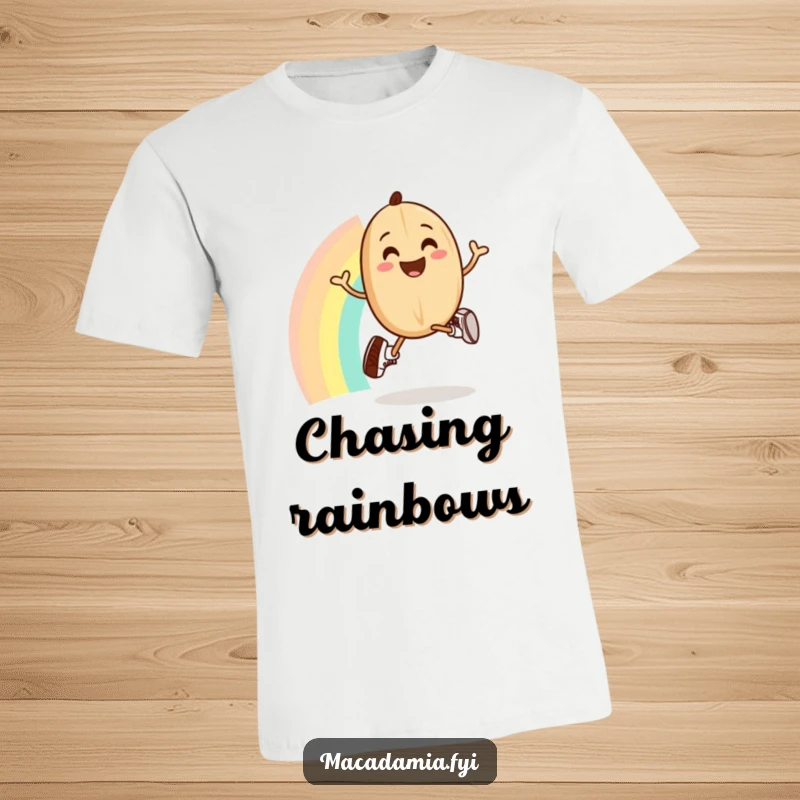 A smiling macadamia nut wearing tiny running shoes jogs gleefully over a rainbow on a fun t-shirt.