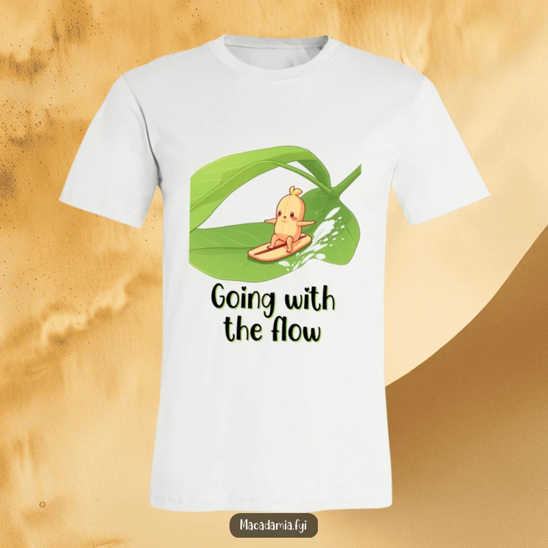 Funny Macadamia Nut character surfing a large green leaf in a gentle breeze, ideal for casual wear and beach enthusiasts.