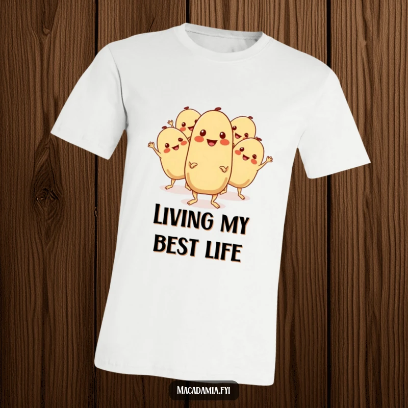 Funny Macadamia Nut T-Shirt: A group of macadamia nuts boogie with cheerful expressions and wiggling limbs, a nutty dance party.