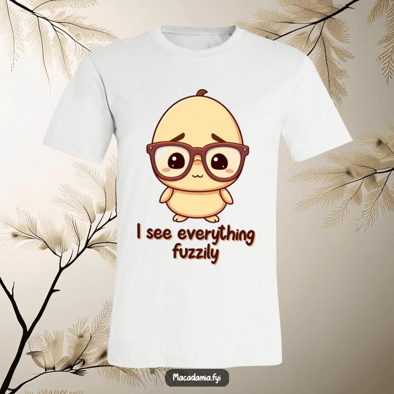 Funny Nut T-Shirt: A macadamia nut character wearing oversized glasses appears confused yet amused, ideal for a humorous casual look.