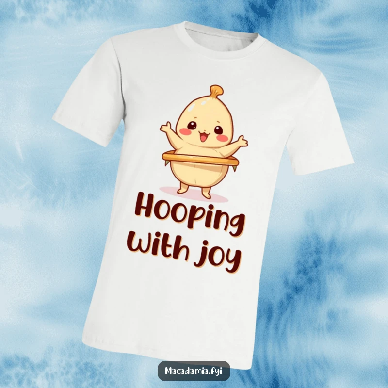 Funny t-shirt featuring a kawaii macadamia nut cheerfully spinning a hula hoop, radiating pure joy and energetic fun.