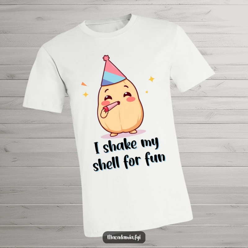 Funny Kawaii macadamia nut in a party hat, joyfully blowing a noisemaker, featured on a t-shirt.