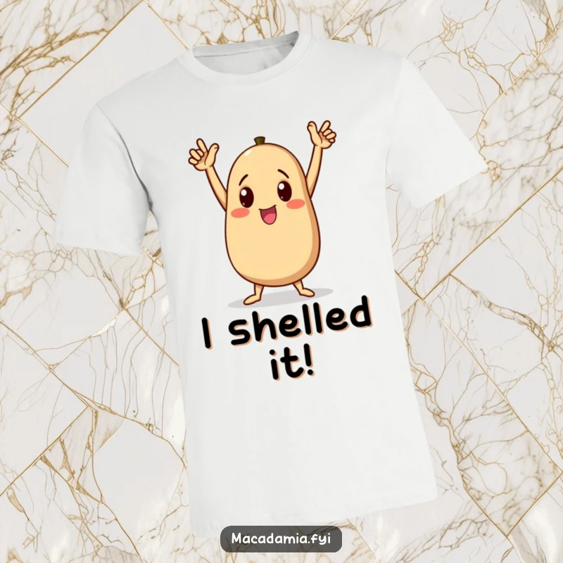Funny macadamia nut character dancing triumphantly with arms raised high on a t-shirt, showcasing pure joy, a fantastic funny gift.