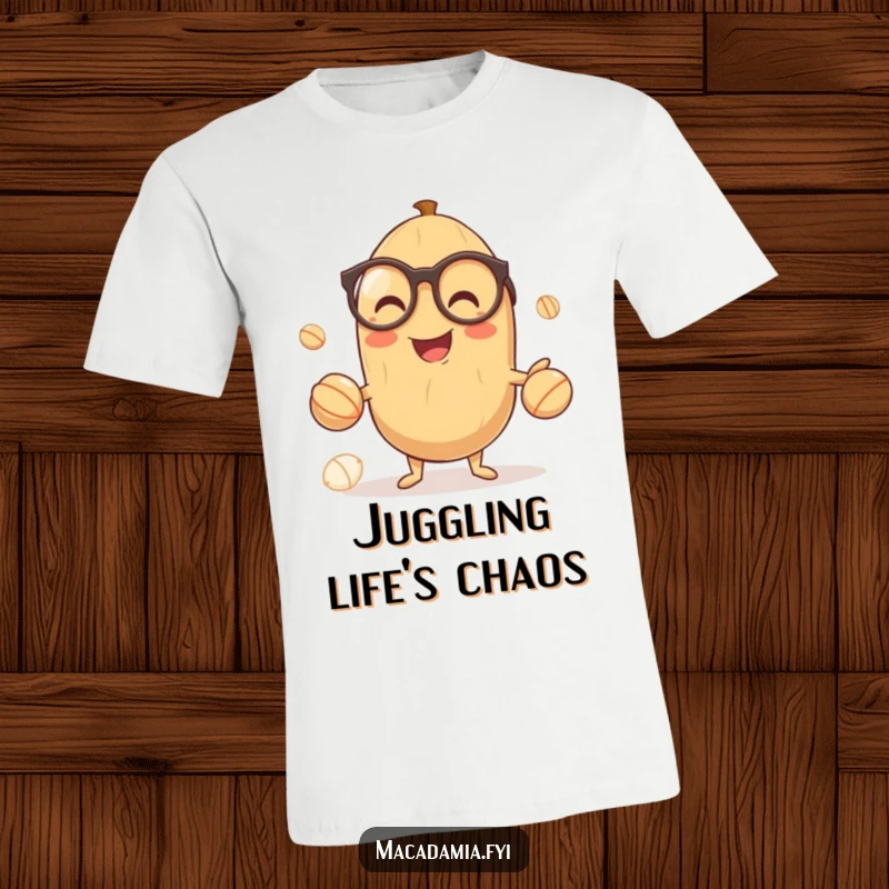 Funny t-shirt with a smiling macadamia nut wearing tiny glasses, gleefully juggling smaller nuts, representing intelligence and comedic skill.