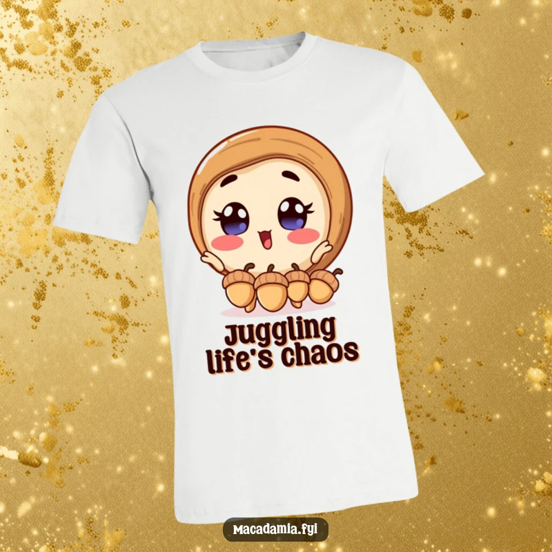 Funny macadamia nut t-shirt depicting an excited macadamia nut with wide eyes, skillfully juggling three tiny acorns.
