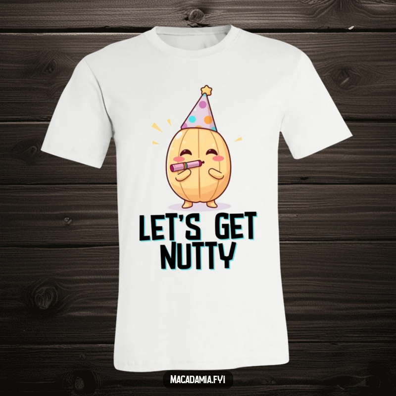 Funny macadamia nut with a party hat, blowing a noisemaker exuberantly on a t-shirt, looking joyful, a perfect funny gift.