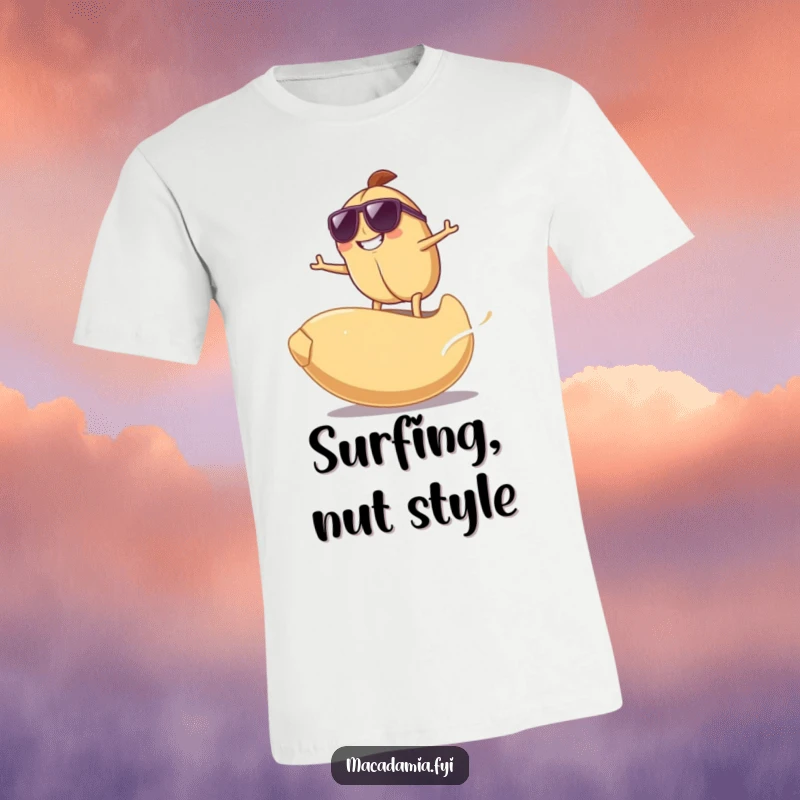 Funny Surfing Nut T-Shirt showing a grinning macadamia nut wearing sunglasses, surfing on a giant cashew nut, radiating coolness.