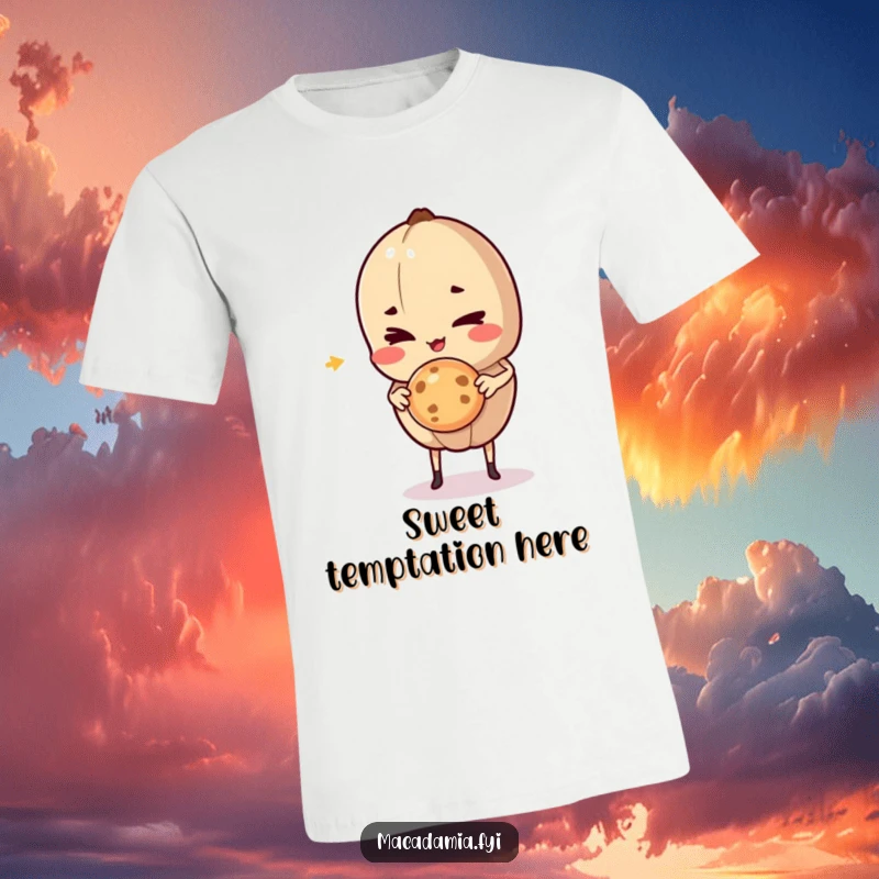 Funny Macadamia Nut character winking mischievously while holding a tempting cookie mid-air, ideal for casual wear and treat lovers.