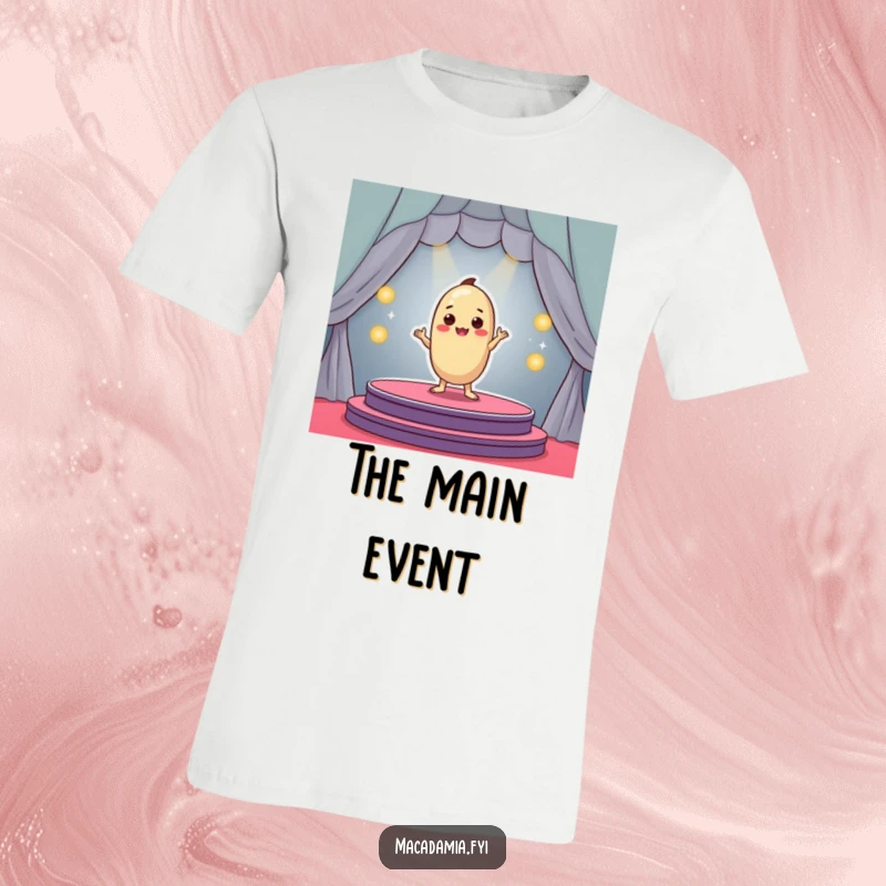 Funny macadamia nut character striking a dramatic pose on a small colorful stage, t-shirt for a funny gift.