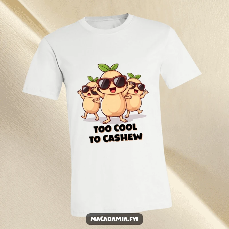 Funny macadamia nuts in sunglasses, dancing joyfully, featured on a cool and comfortable t-shirt.