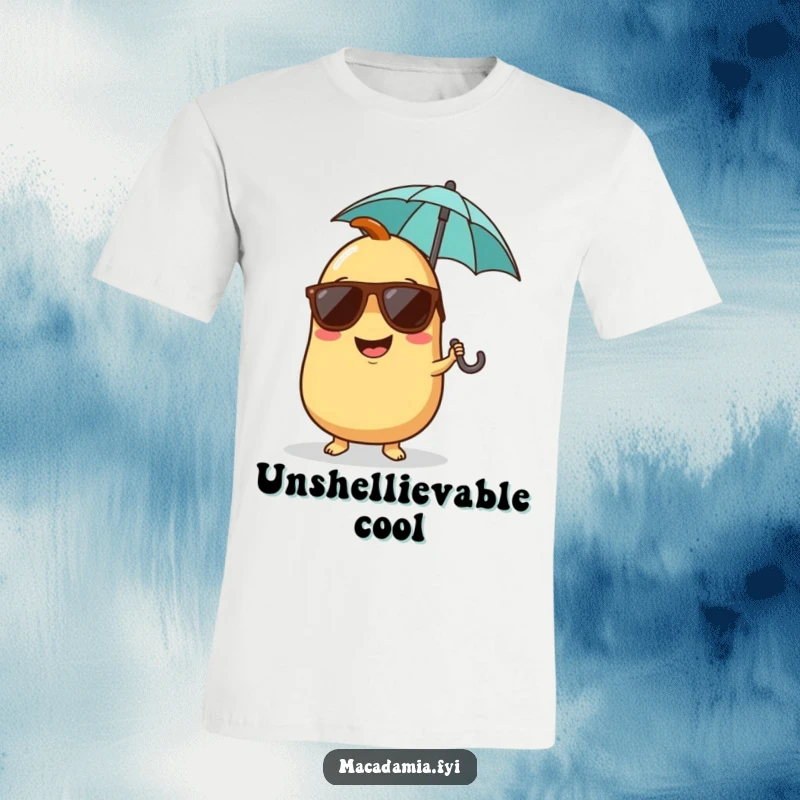 Funny t-shirt with a giggling macadamia nut character wearing sunglasses and holding a miniature umbrella, looking cool and carefree.