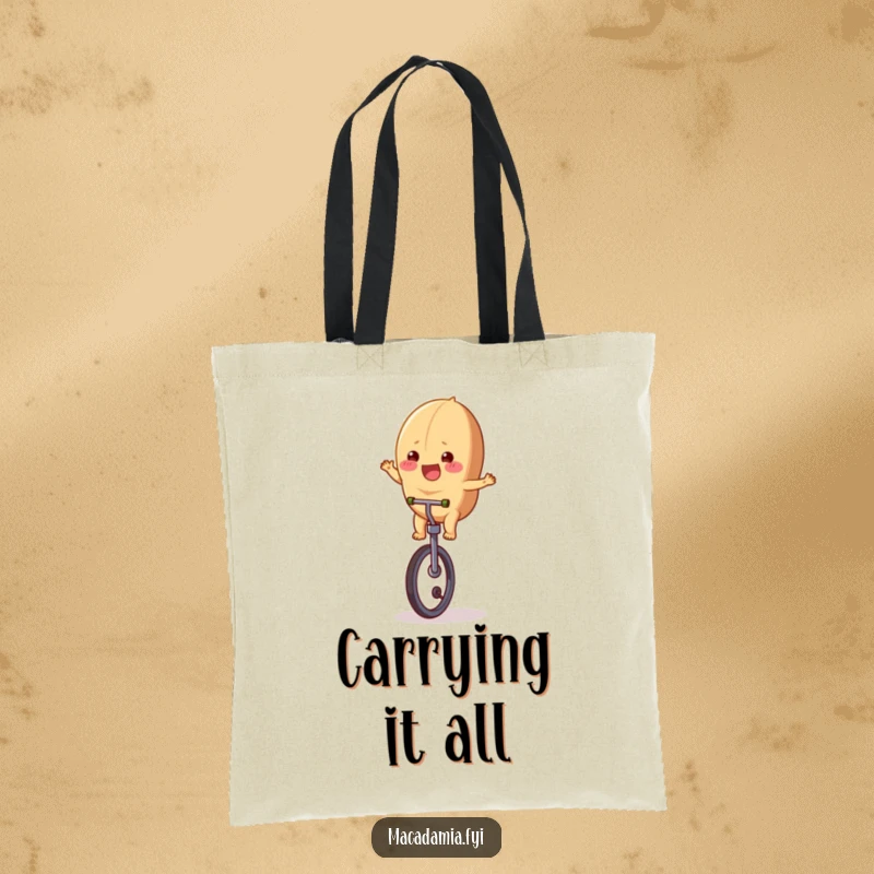 Funny macadamia nut character skillfully riding a unicycle, depicted on a sturdy and spacious tote bag for daily use.