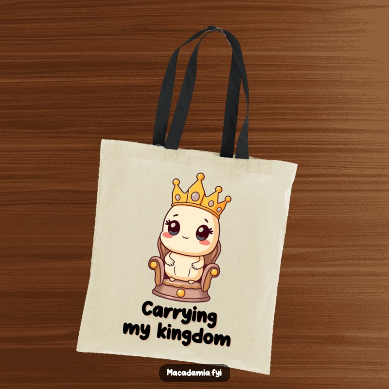 Funny tote bag displaying a macadamia nut character in a crown, seated grandly on a small throne, ready for royal errands.