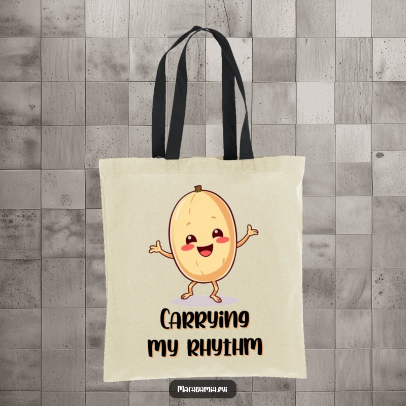 Funny macadamia nut character is doing a silly, exaggerated dance on a durable tote bag.
