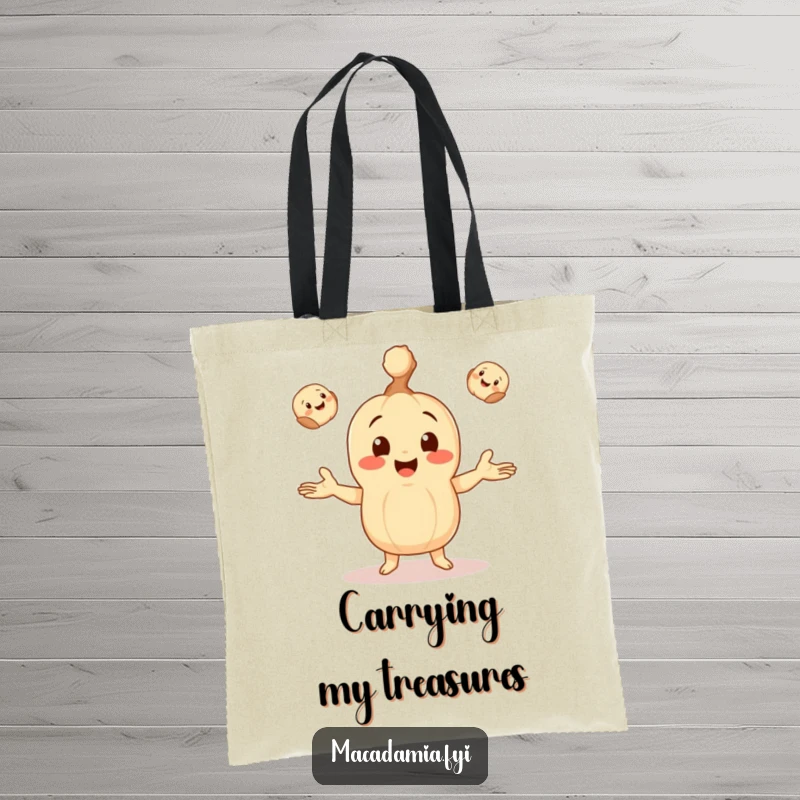 Funny tote bag with a macadamia nut character happily juggling three tiny, smiling macadamia nuts, ideal for shopping.