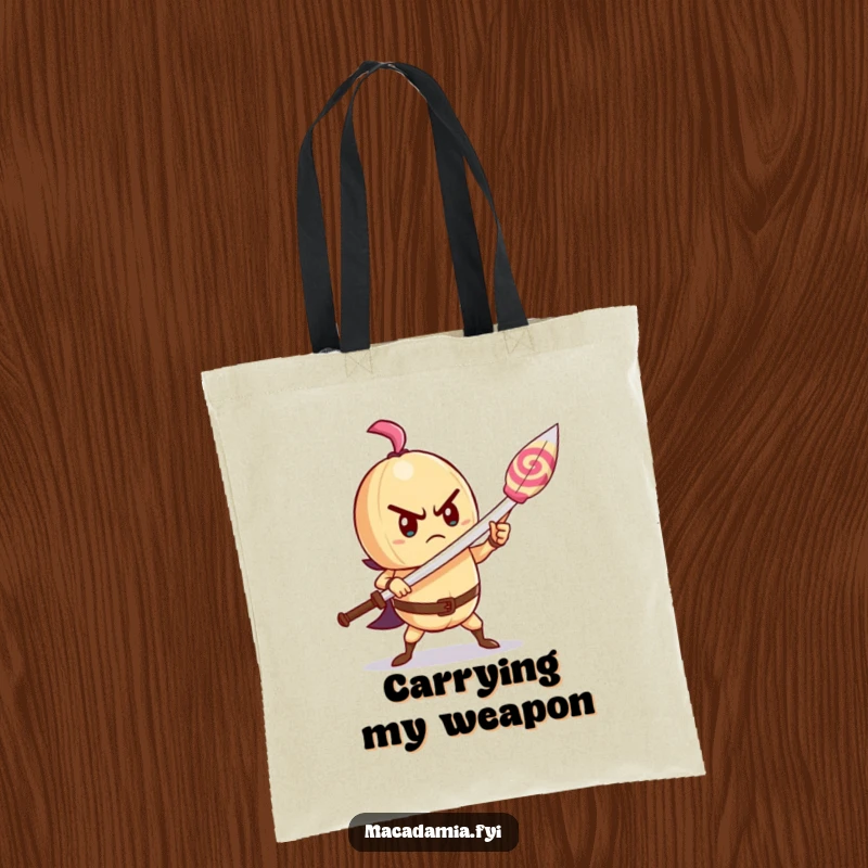 Funny macadamia nut tote bag depicting a determined character wielding a lollipop as a sword, ready for any quest.