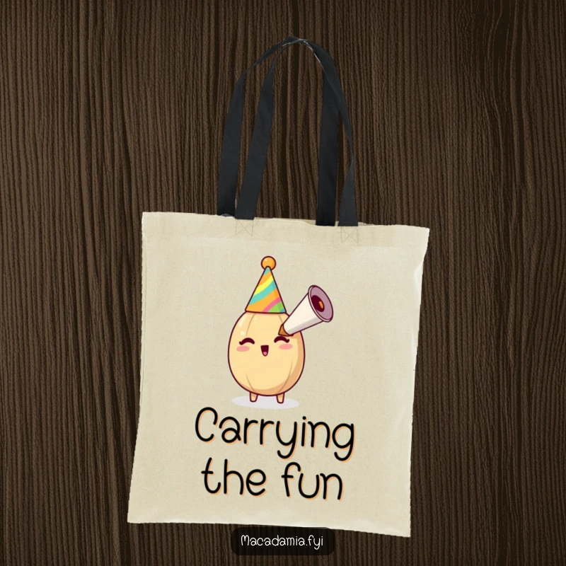 Funny macadamia nut wearing a festive party hat, blowing a big party horn, perfect for carrying groceries in nutty style.