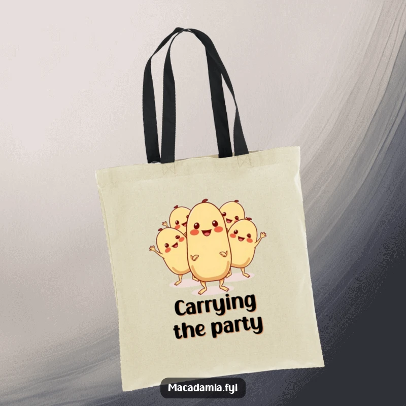 Funny Macadamia Nut Tote Bag: A group of macadamia nuts boogie with cheerful expressions and wiggling limbs, a portable party.