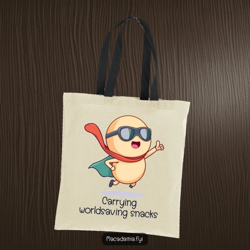 Funny macadamia nut character in a superhero pose with a flying cape, on a tote bag for heroic errands.