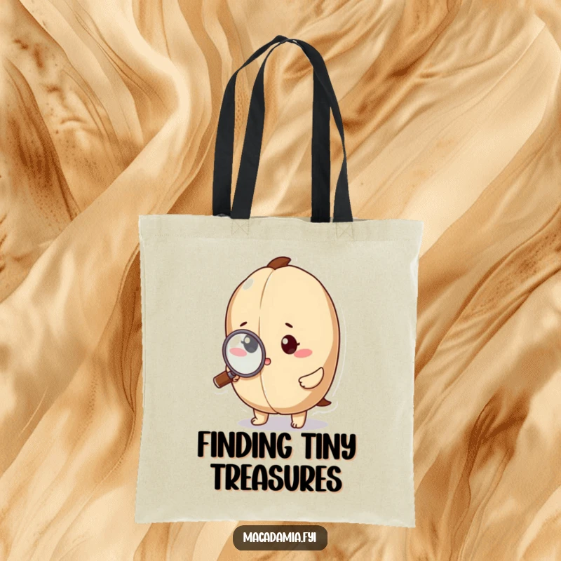 Funny macadamia nut character is using a magnifying glass to inspect a tiny detail on a tote bag.